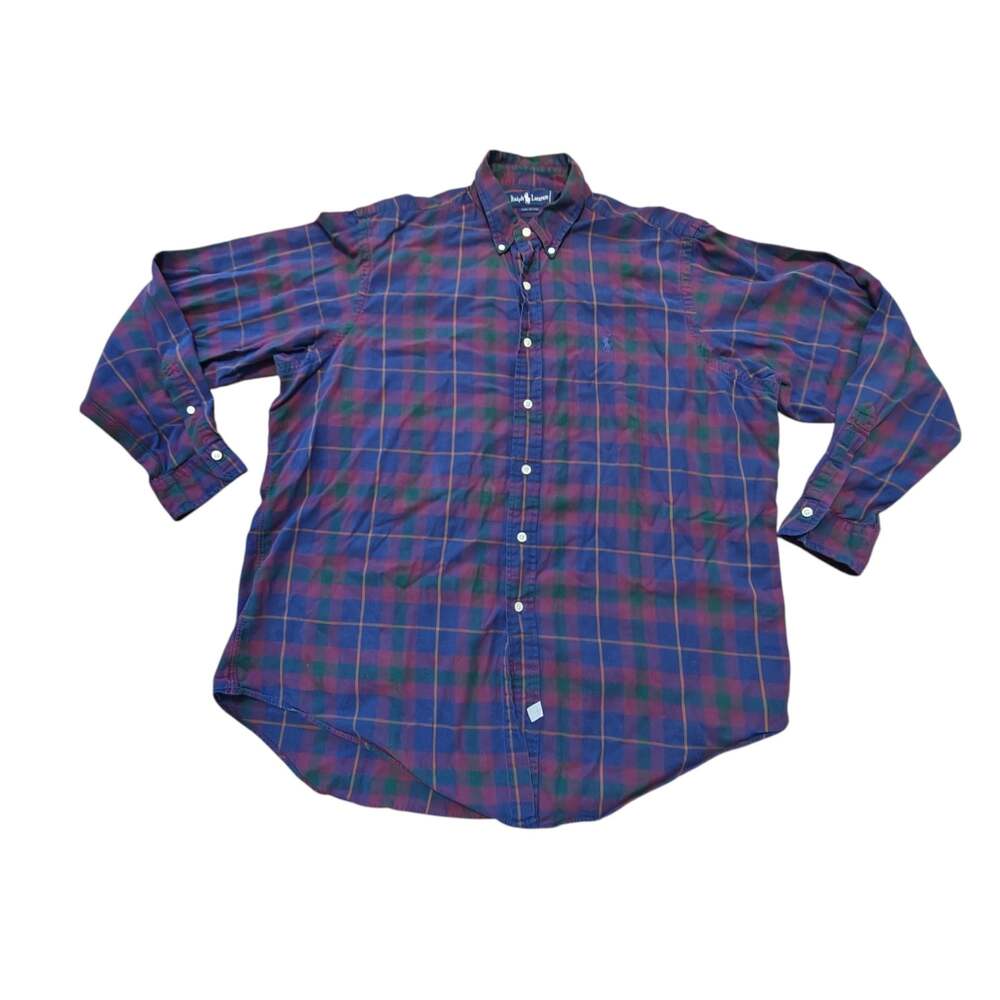 VTG Ralph Lauren Shirt Men XL Button Down Plaid Long Sleeve Blue Purple 90s